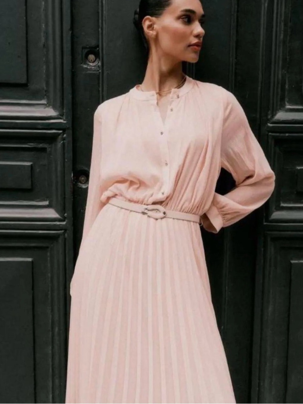 Zara Soft Blush Pink Pleated Midi Dress with Belt